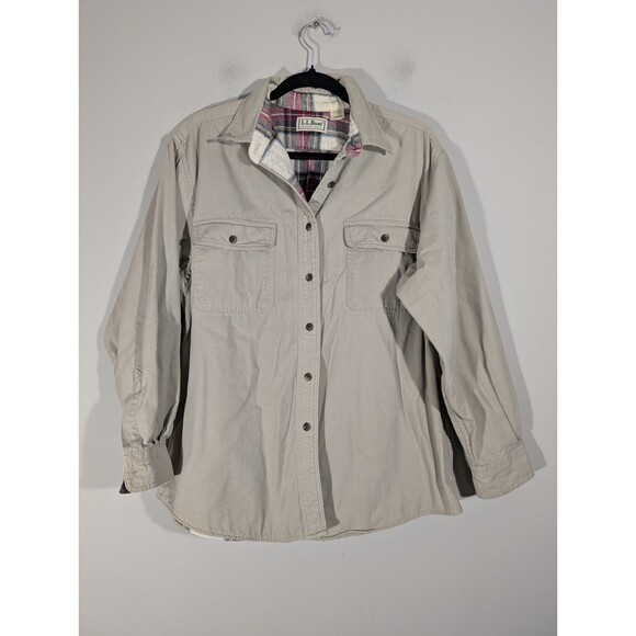 LL Bean Womens Beige Button Up Shacket Sz L Vintage Barncore Countryside Western - Picture 1 of 9